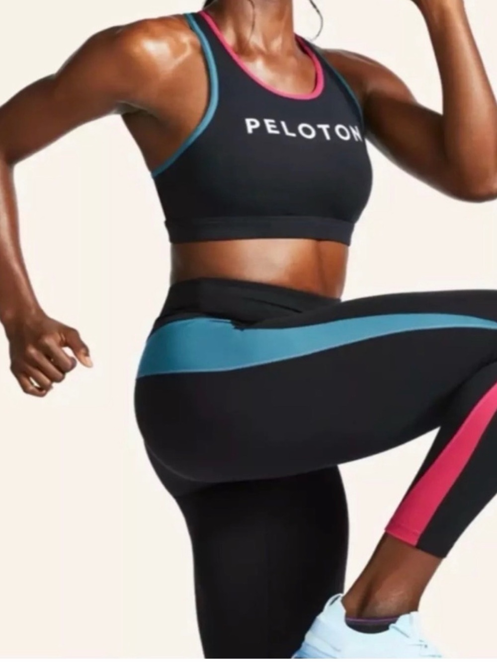 NWT Peloton Here Now Black Sports Bra & leggings with Pink & Teal Accents